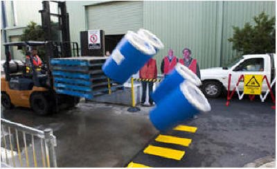 speeding forklift accident dropping barrels